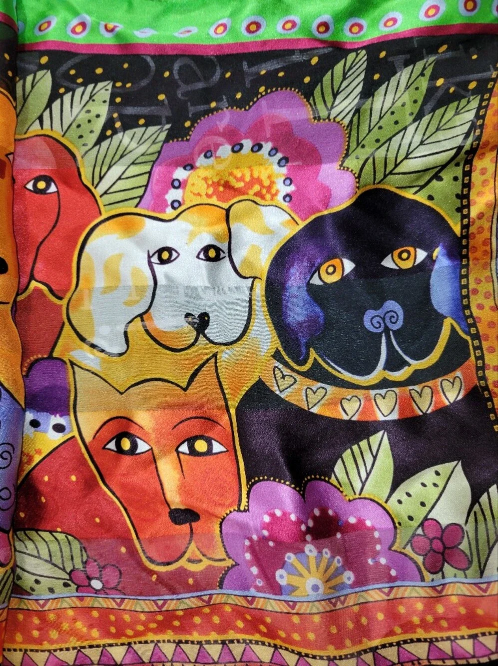 Laurel Burch 100% Silk Dog Print Scarf Tassel Hem Whimsical Art